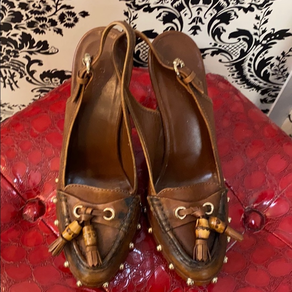 Gucci Brown tassel/ stud sling back sandals